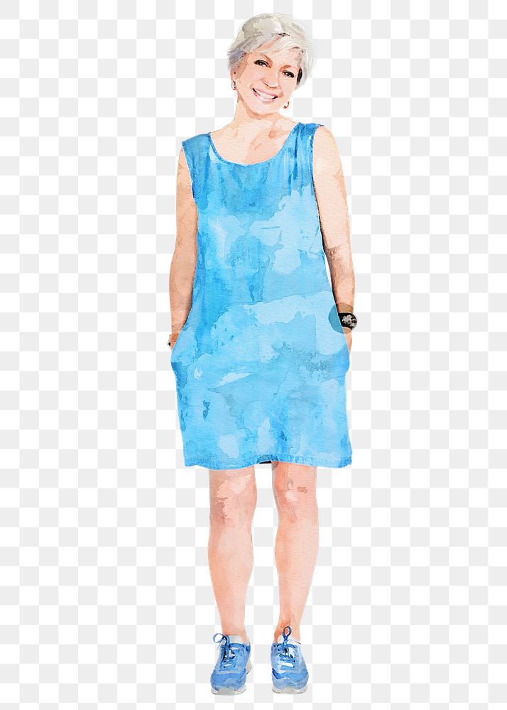 Senior woman png, wearing blue dress, watercolor illustration