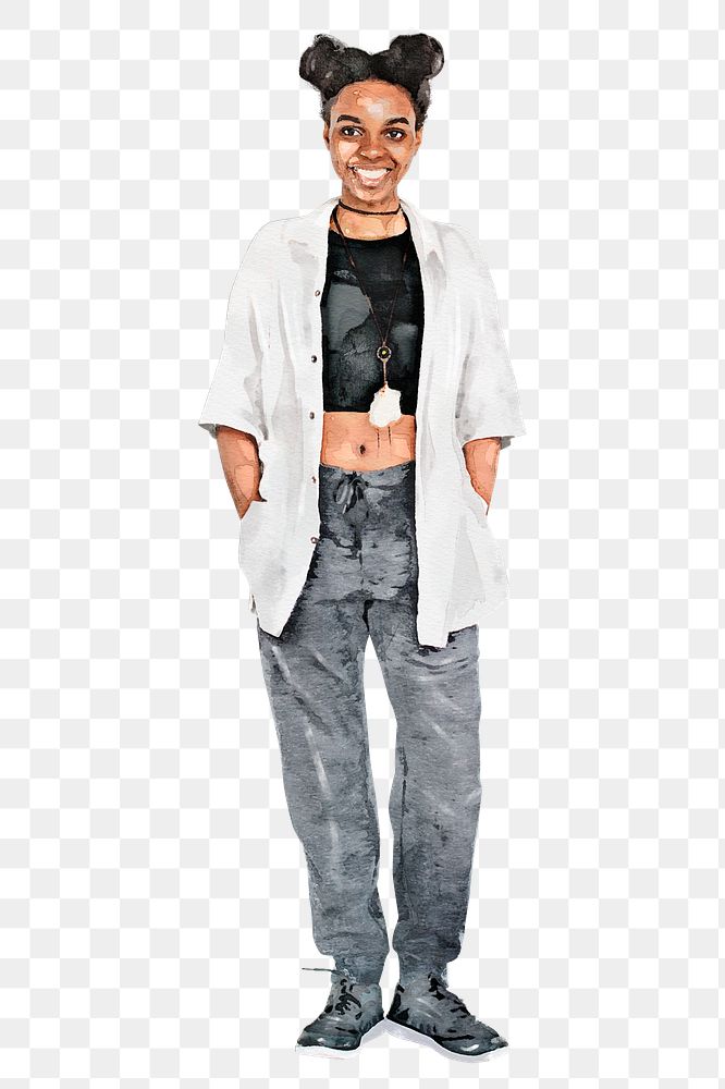 Young black woman png clipart, streetwear fashion, full body