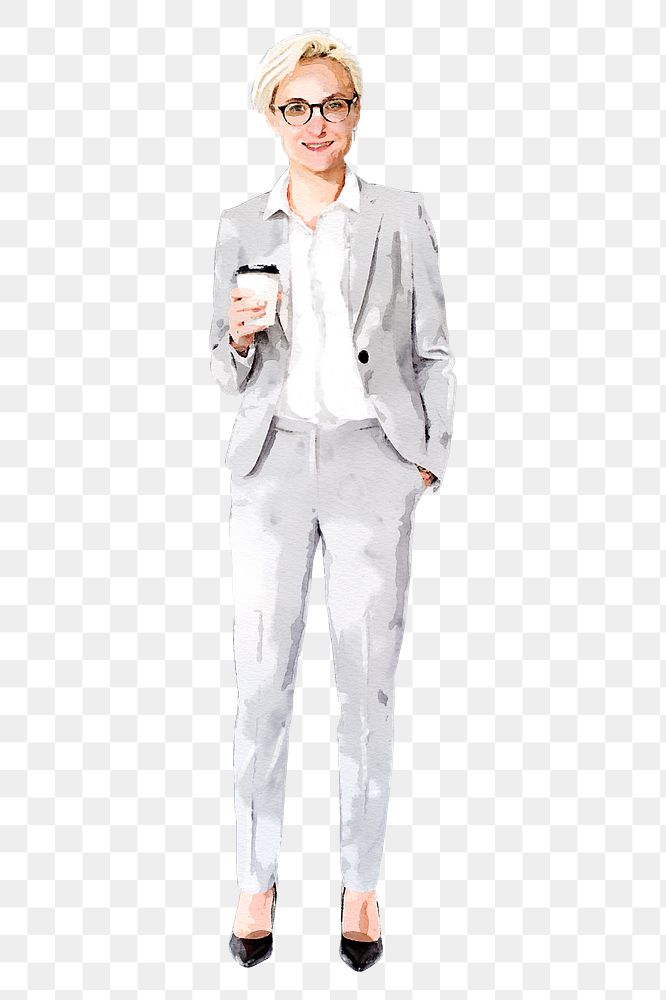 Businesswoman png holding coffee cup, career, watercolor woman illustration