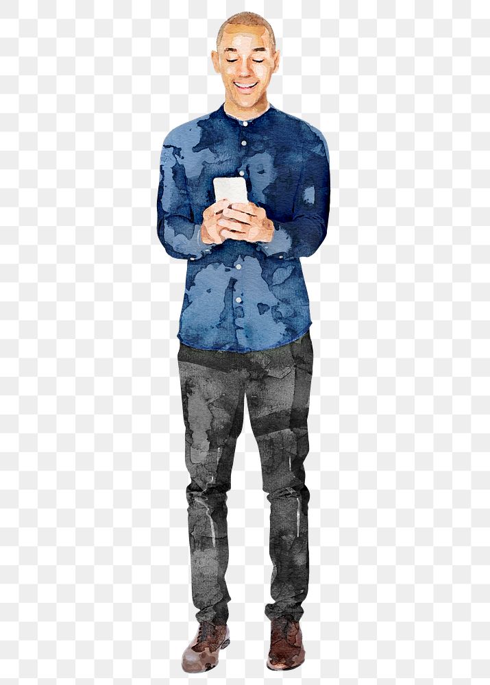 Man texting png cut out, watercolor illustration