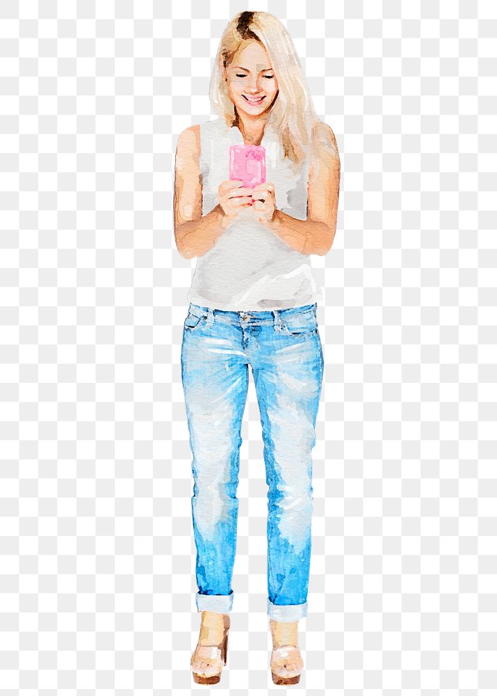 Blonde woman png texting cut out, watercolor illustration