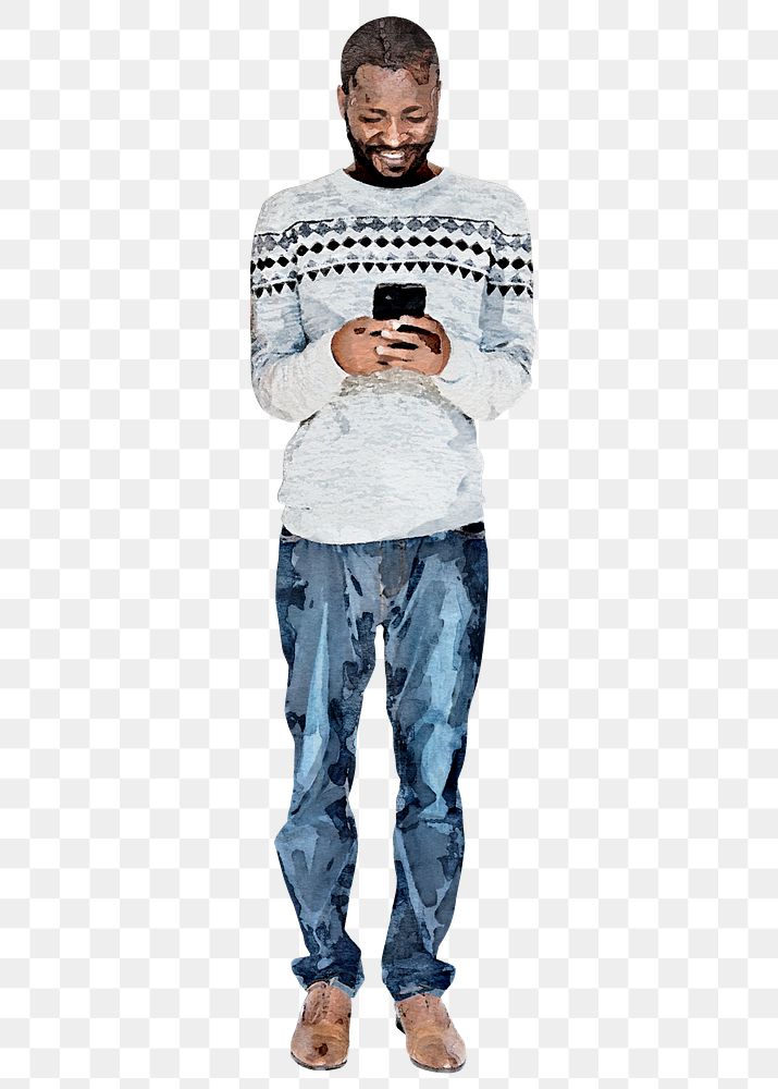 Black man png texting cut out, watercolor illustration