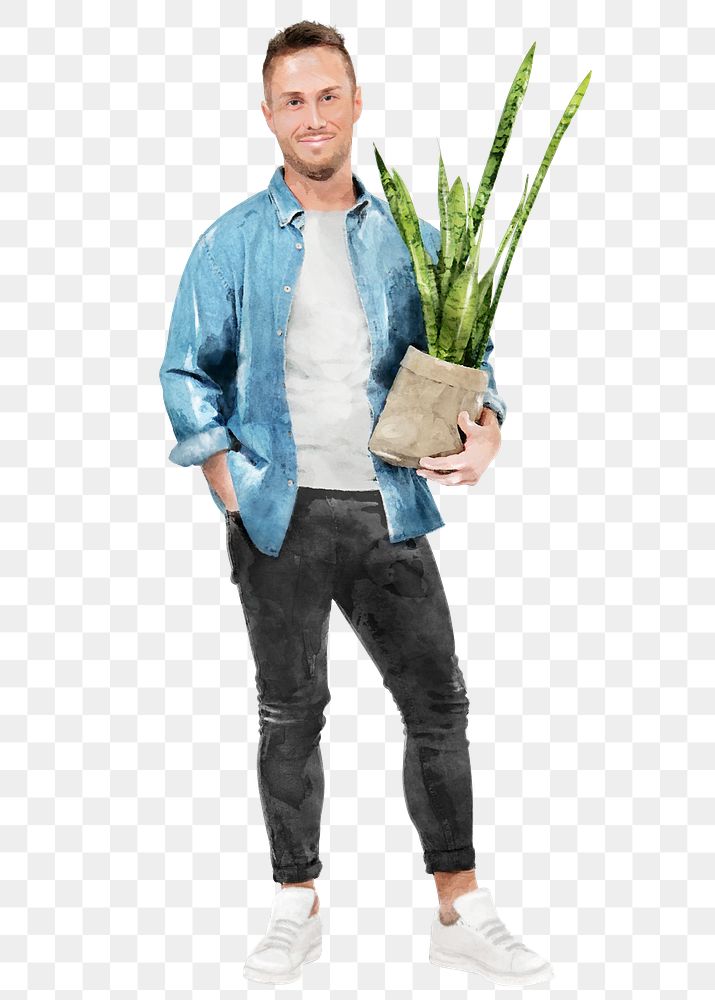Man png holding plant, watercolor illustration on transparent background