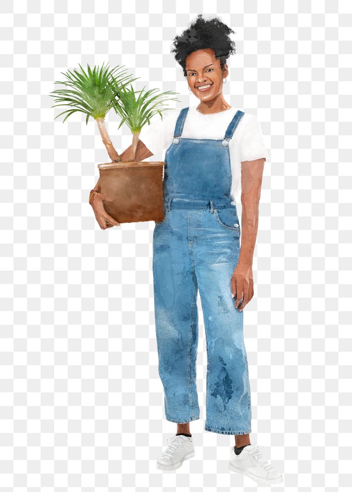 Woman plant stylist png, watercolor illustration with Sago Palm on transparent background