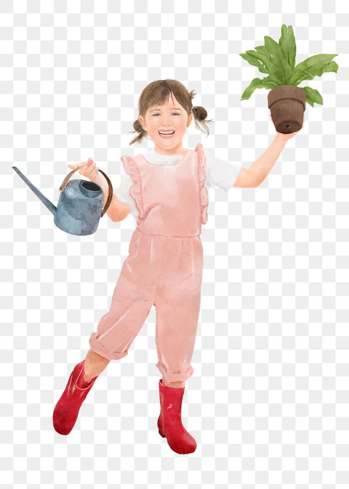 Girl png holding watering can, plant pot, watercolor illustration on transparent background