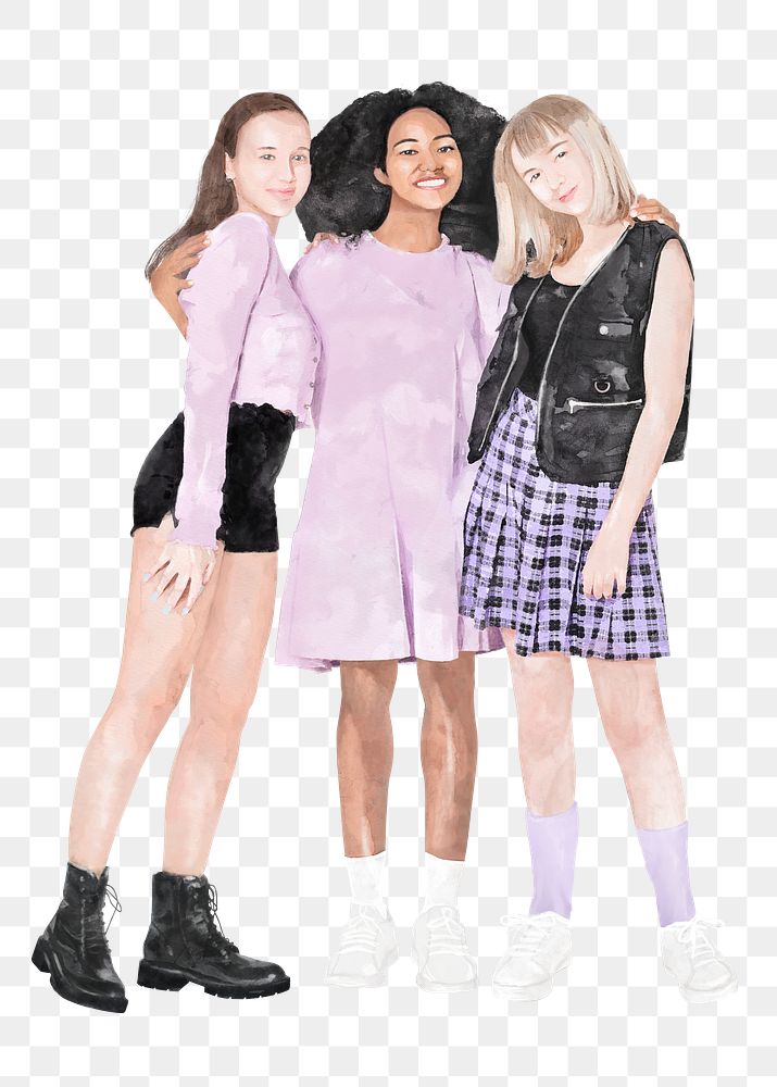 Trendy teenage girls png, watercolor, fashion illustration on transparent background
