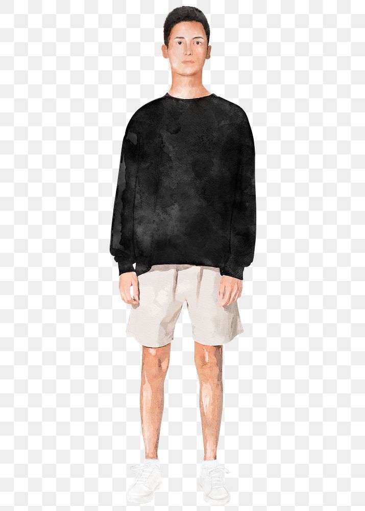 Teenage boy png wearing sweater, watercolor illustration on transparent background
