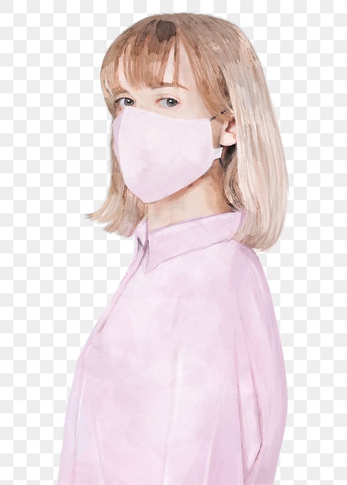 Blonde girl png wearing mask, watercolor illustration on transparent background
