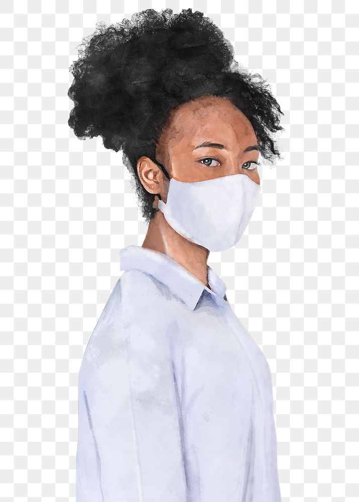 African-American girl wearing face mask, watercolor illustration on transparent background