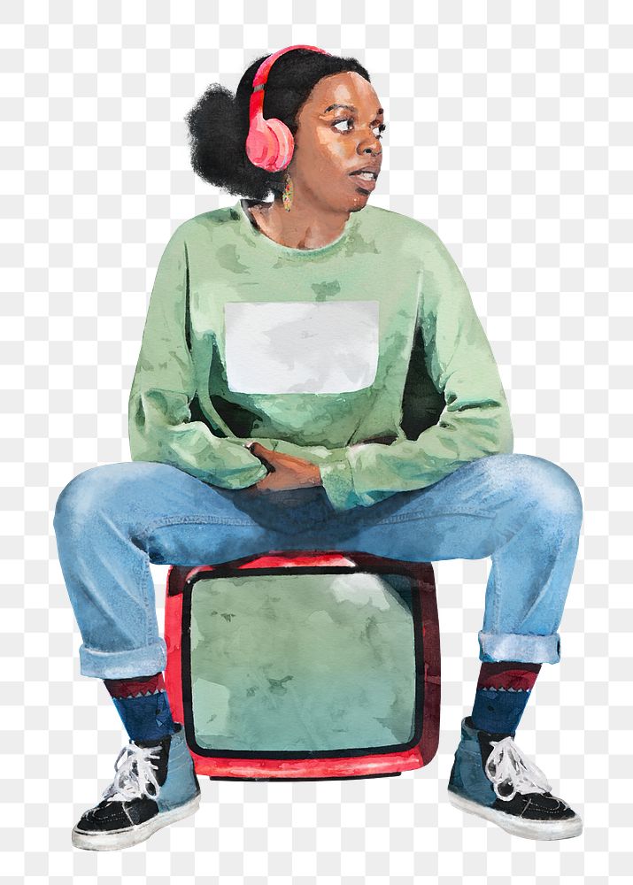 Black woman png wearing headphones, watercolor illustration on transparent background