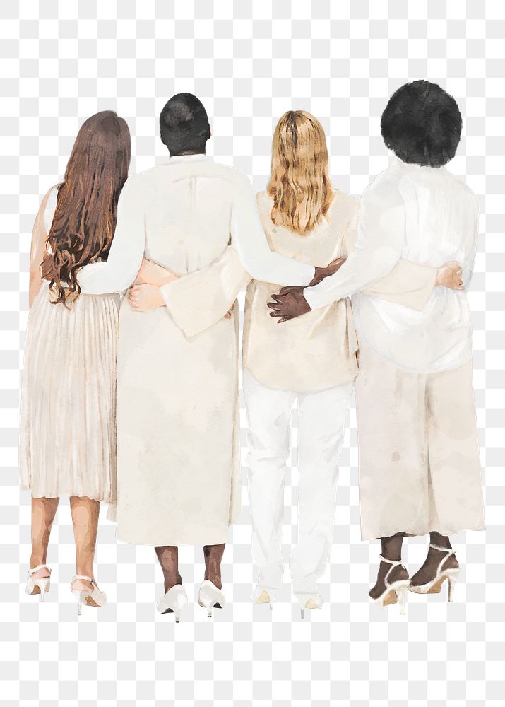 Diverse people png looking up, watercolor illustration, rear view, transparent background