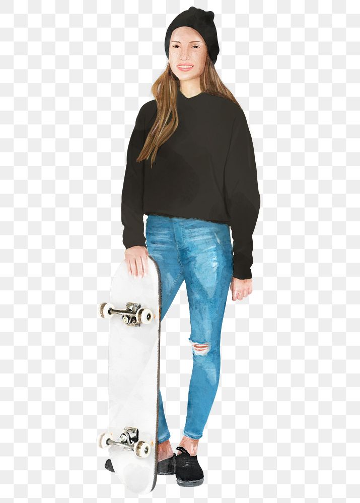 Skater girl png cut out, sport, hobby, watercolor illustration on transparent background