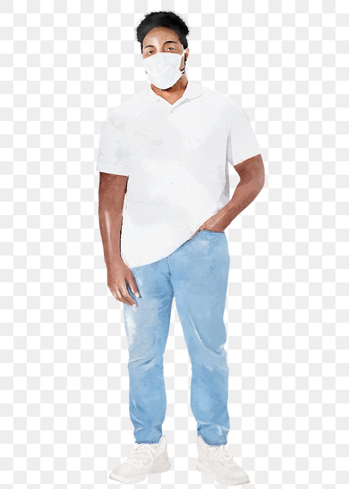 Black man png wearing mask, new normal fashion, watercolor illustration on transparent background