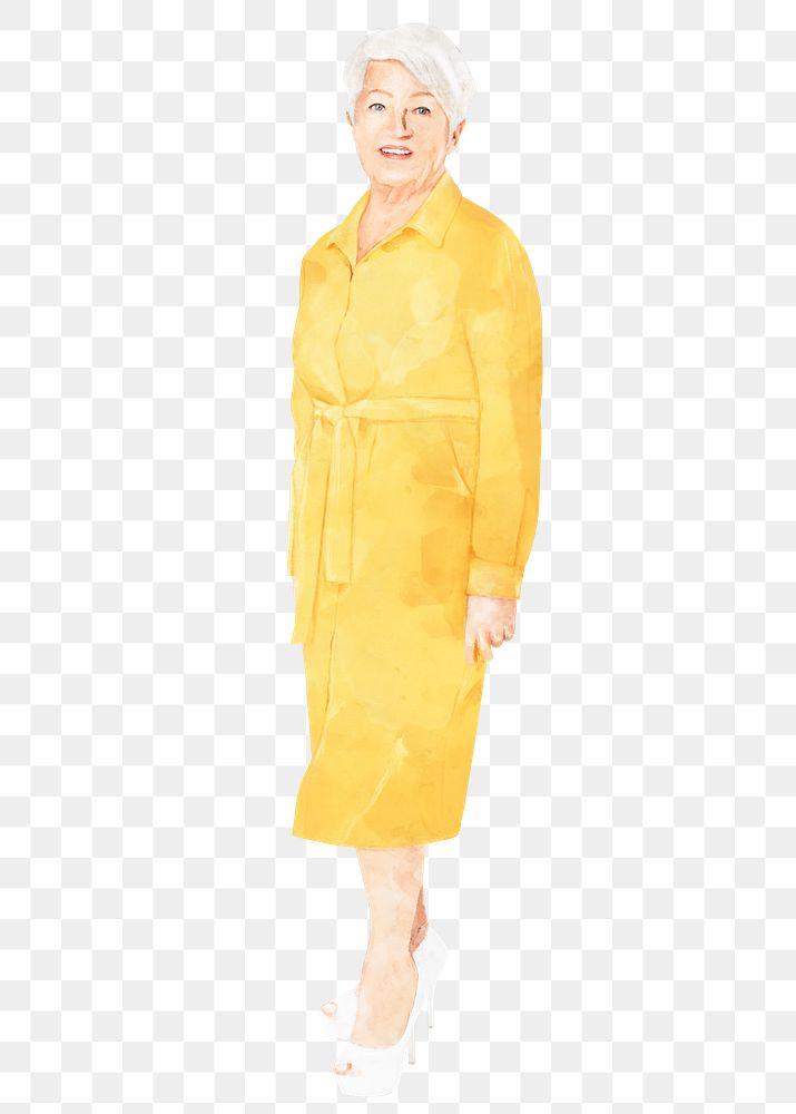 Senior woman png  yellow dress, watercolor illustration, full body on transparent background