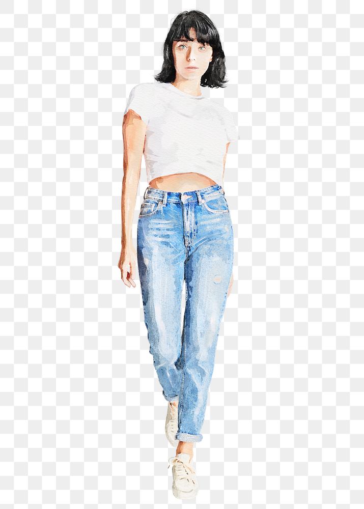 Confident woman png, street fashion, watercolor full body illustration, transparent background