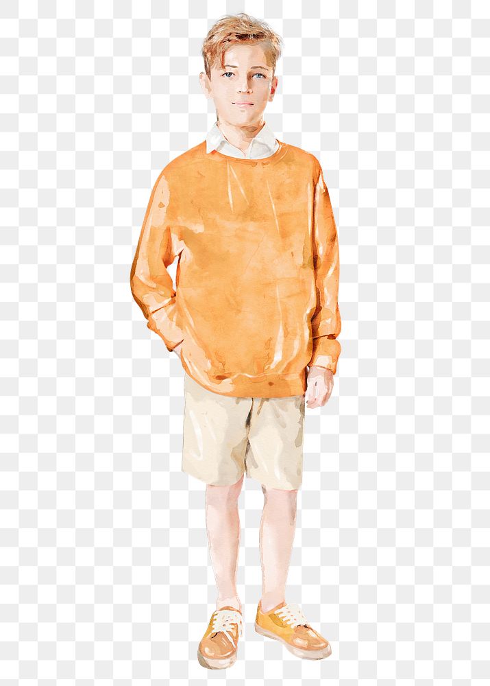 Boy wearing png sweater, kid watercolor illustration, full body on transparent background