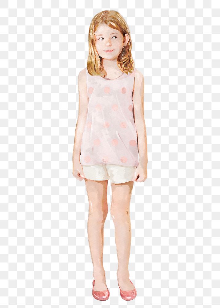 Little girl png standing, kids fashion, watercolor illustration, full body on transparent background