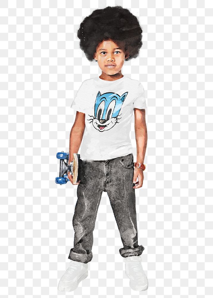 African-American png boy, kids street fashion, watercolor illustration, transparent background