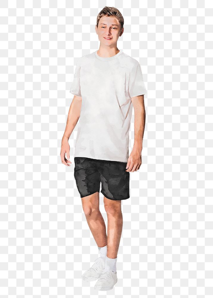 Teenage boy png cut out, casual fashion, watercolor illustration, full body on transparent background