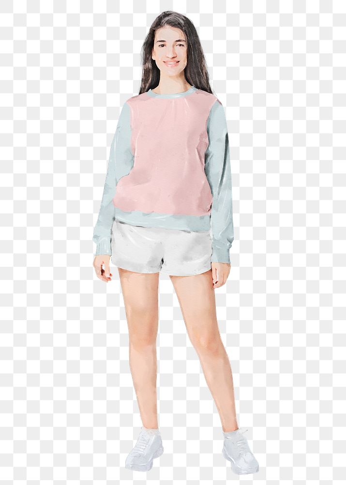 Happy teen png girl wearing sweater, watercolor illustration on transparent background