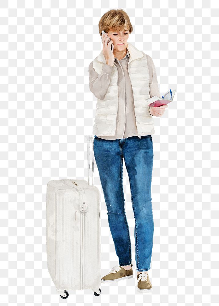 Woman png with travel luggage, watercolor illustration, transparent background