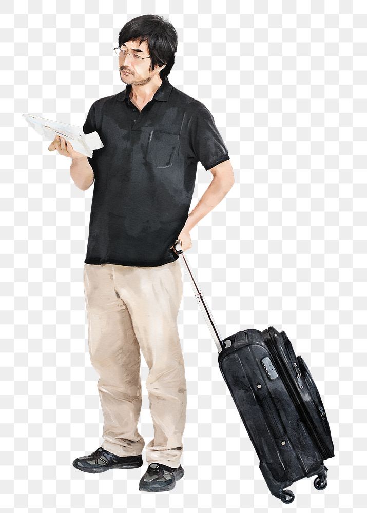 Man png with travel luggage, watercolor illustration, transparent background