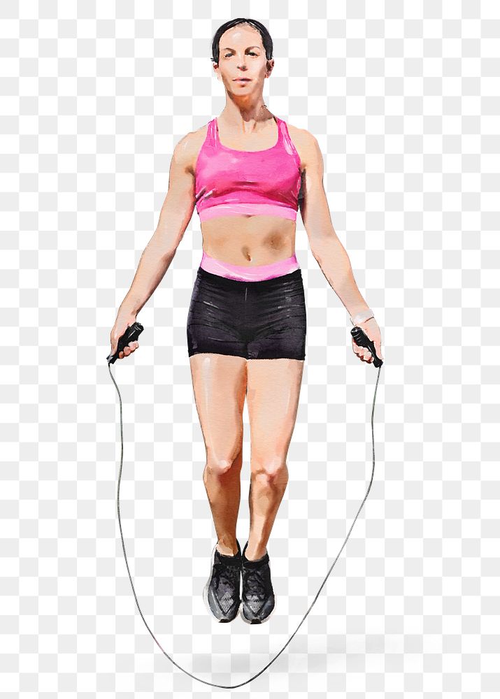 Woman png skipping rope, wellness watercolor illustration, full body, transparent background