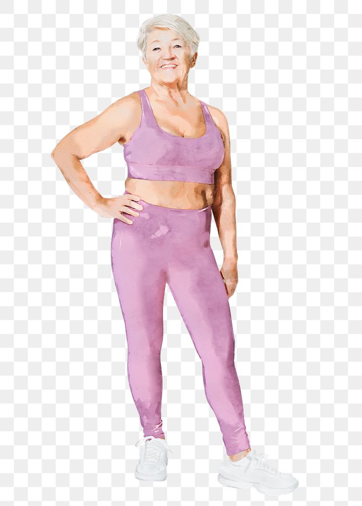 Healthy senior png woman wearing gym clothes, watercolor illustration, transparent background