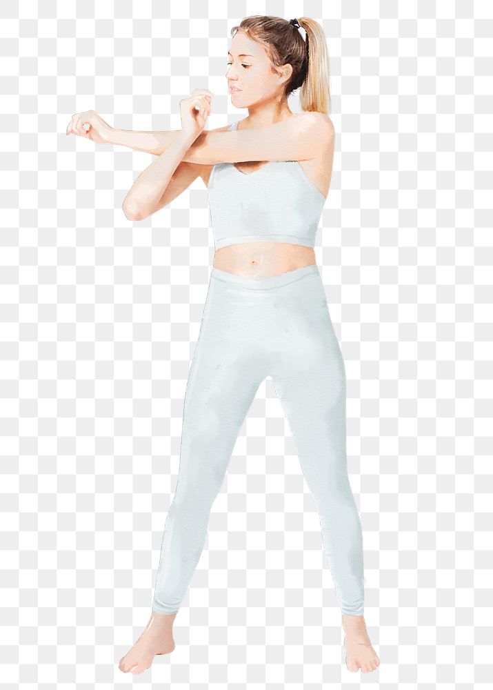 Woman stretching arms png, fitness watercolor illustration, full body on transparent background