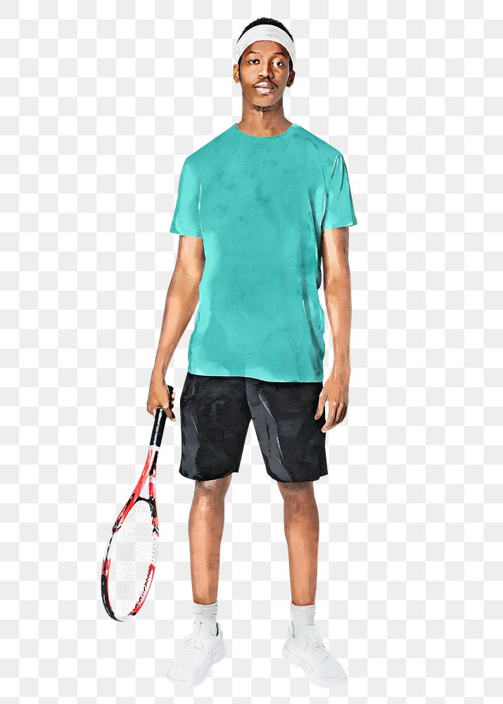 African-American tennis png player, sport watercolor illustration, transparent background
