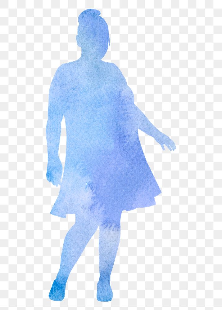 Blue chubby png woman silhouette, watercolor, confident body gesture on transparent background