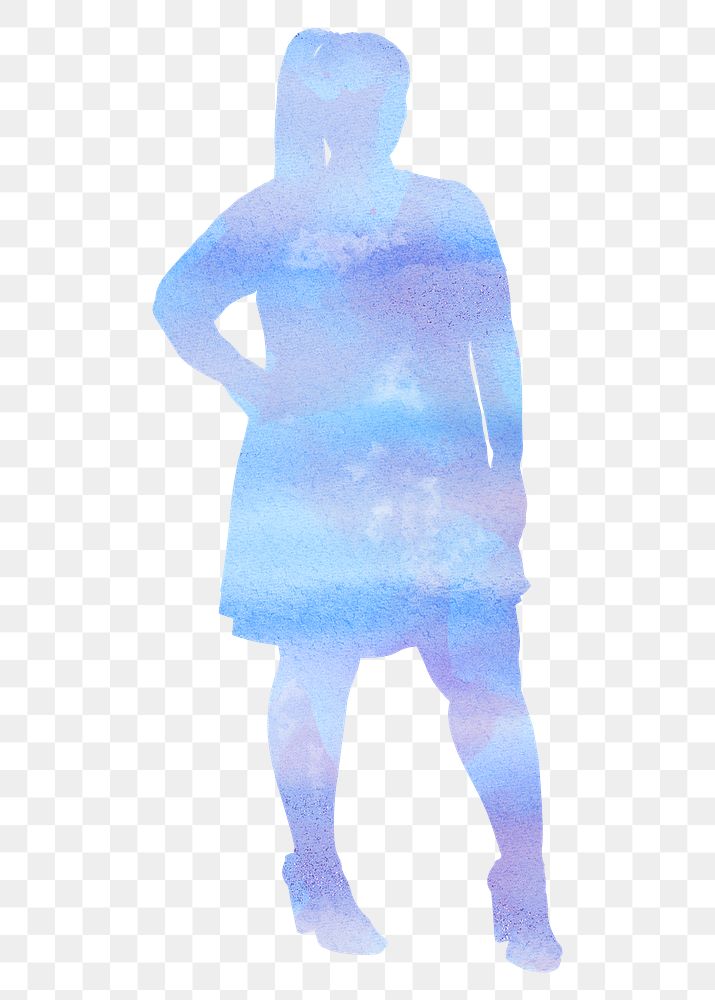 Blue chubby png woman silhouette, watercolor, confident body gesture on transparent background