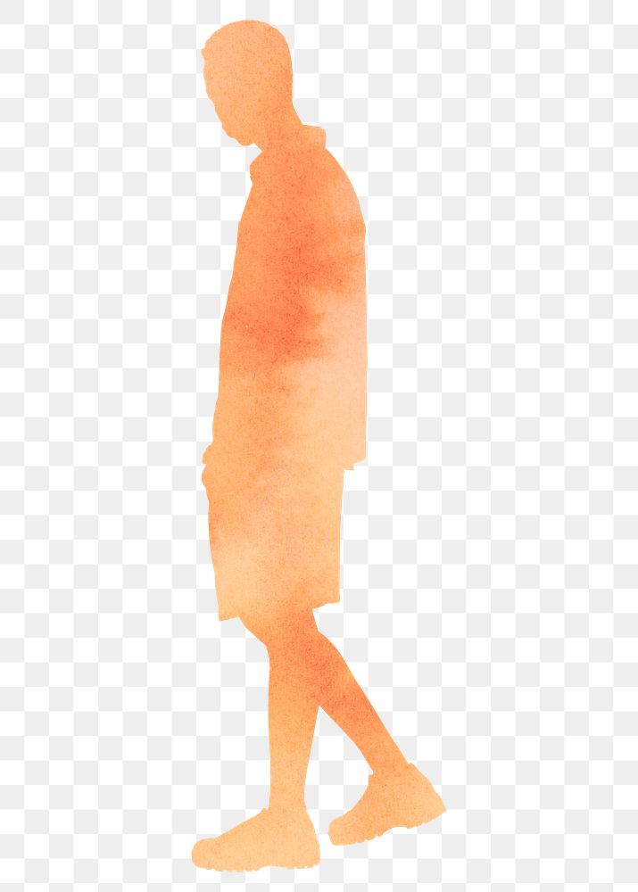 Walking man png watercolor silhouette clipart in orange on transparent background