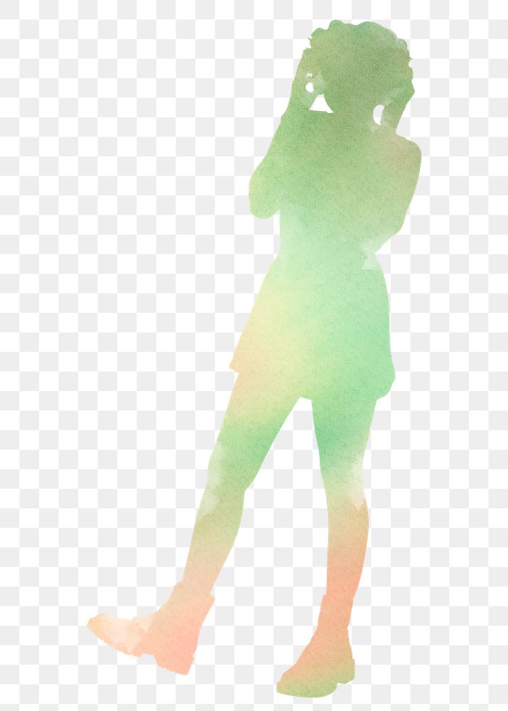 Woman png listening to music silhouette, green watercolor illustration, transparent background
