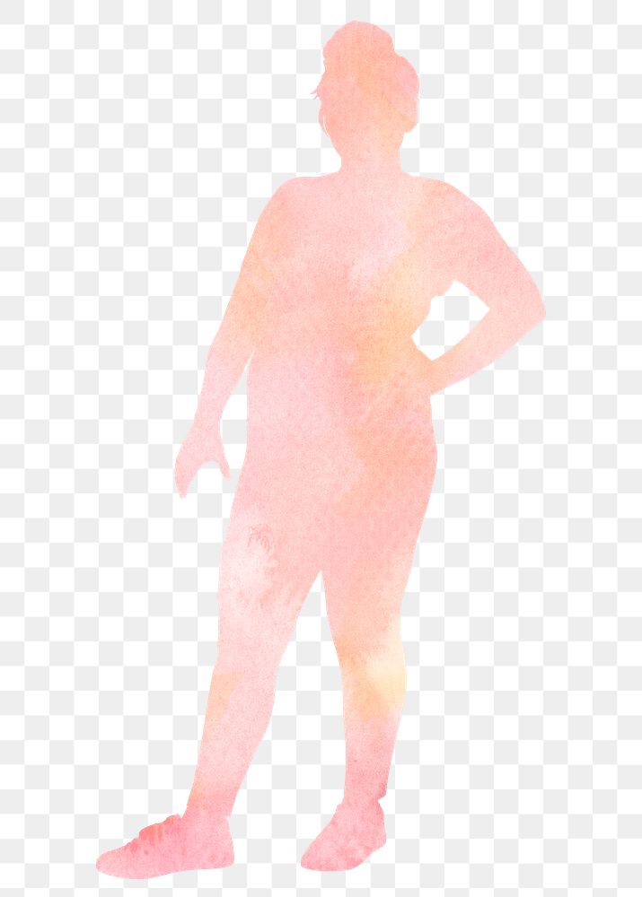 Plus-size woman png silhouette, watercolor, full body gesture on transparent background