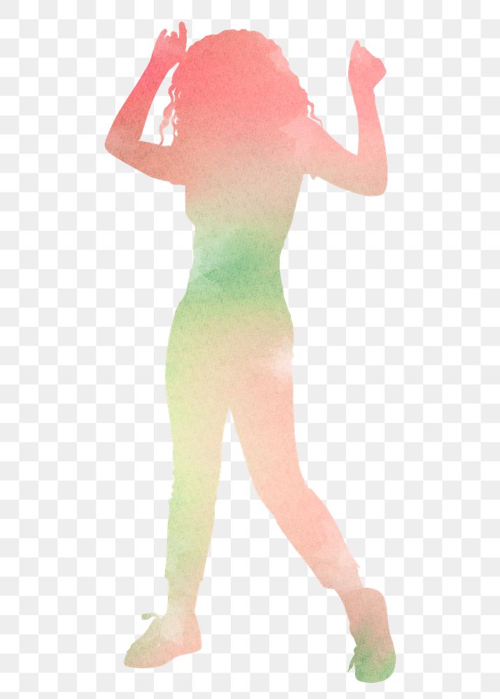 Colorful woman png dancing silhouette, watercolor clipart on transparent background