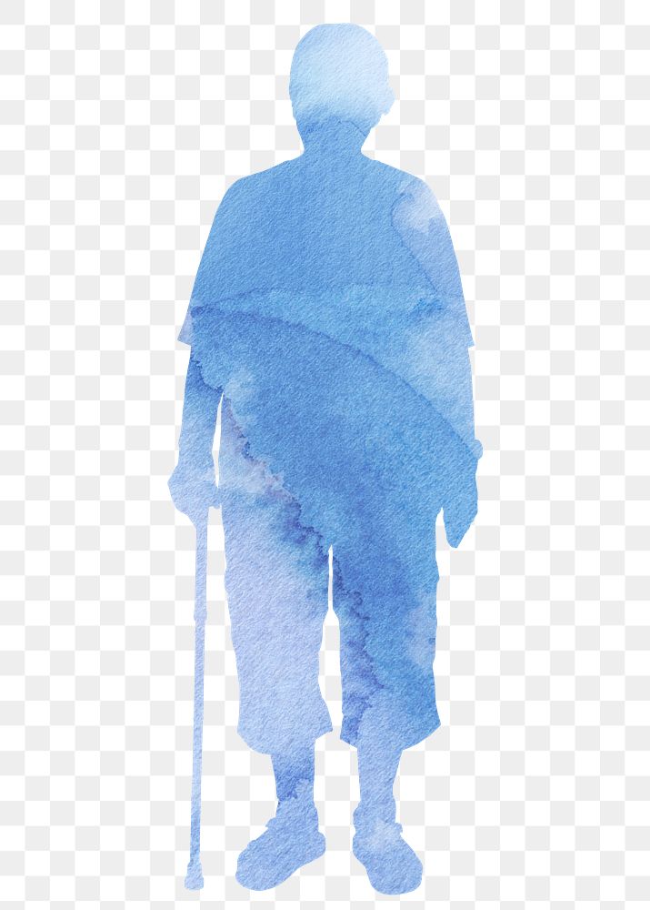 Old man png holding cane silhouette, blue watercolor illustration, transparent background