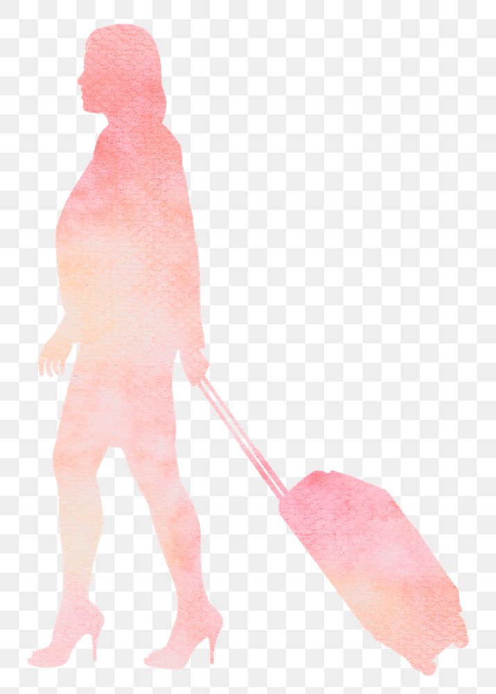 Woman  png dragging luggage silhouette, travel, watercolor illustration, transparent background