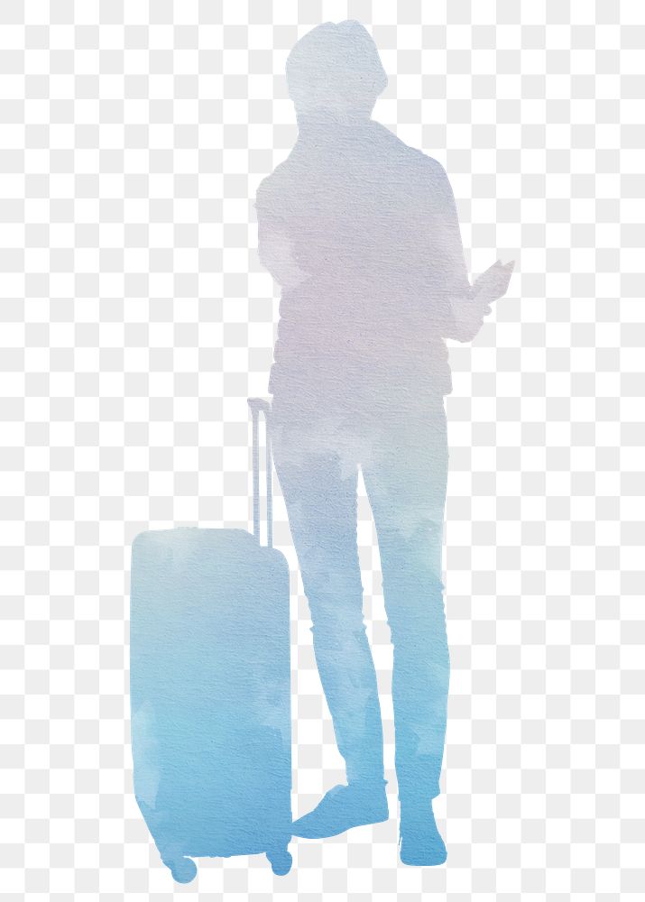Woman png with luggage silhouette, travel, watercolor illustration, transparent background