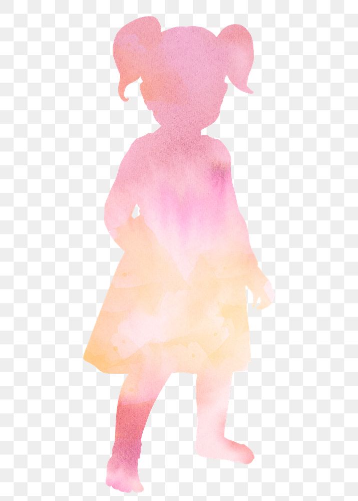 Girl png with ponytails silhouette, pink watercolor clipart, full body on transparent background