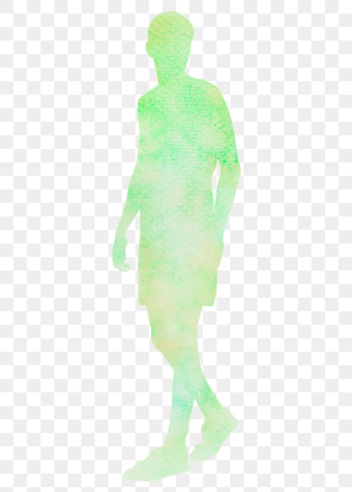 Walking man png watercolor silhouette clipart in green, transparent background