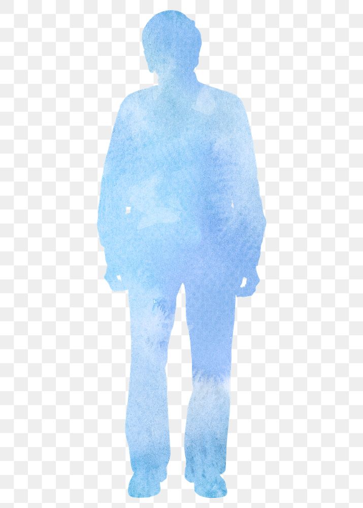 Man standing png, aesthetic watercolor silhouette clipart in blue, transparent background