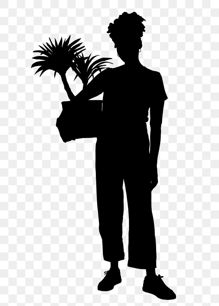 Woman png holding plant silhouette clipart, hobby concept on transparent background