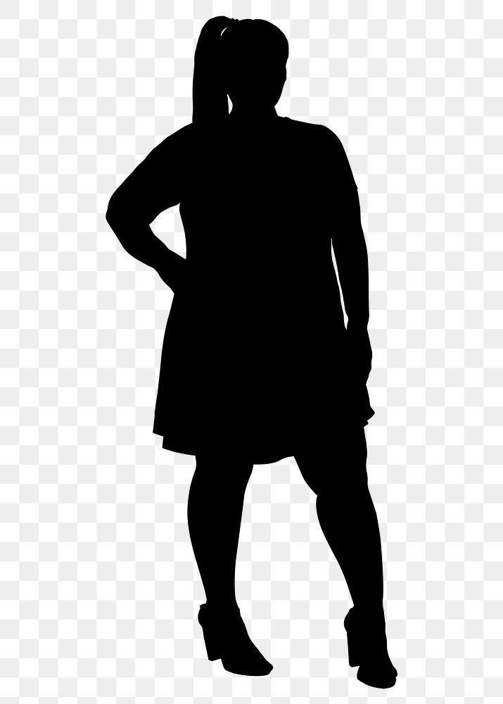 Plus-size woman png silhouette, hand on hips, full body, transparent background