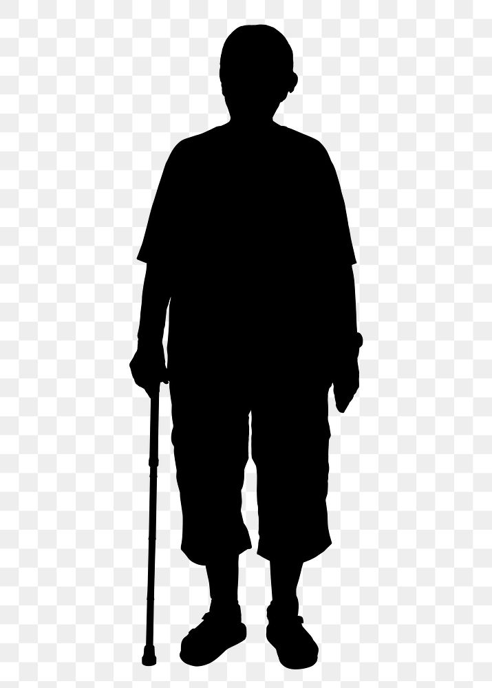 Old man holding cane silhouette, standing body gesture, transparent background