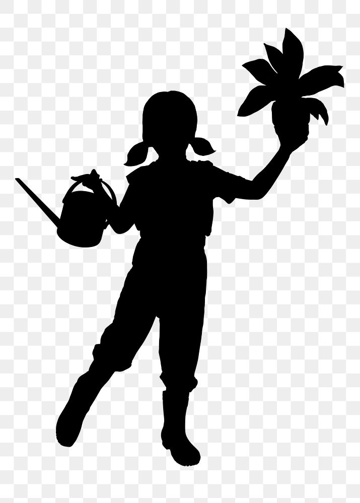 Little girl png holding plant silhouette clipart, hobby concept on transparent background