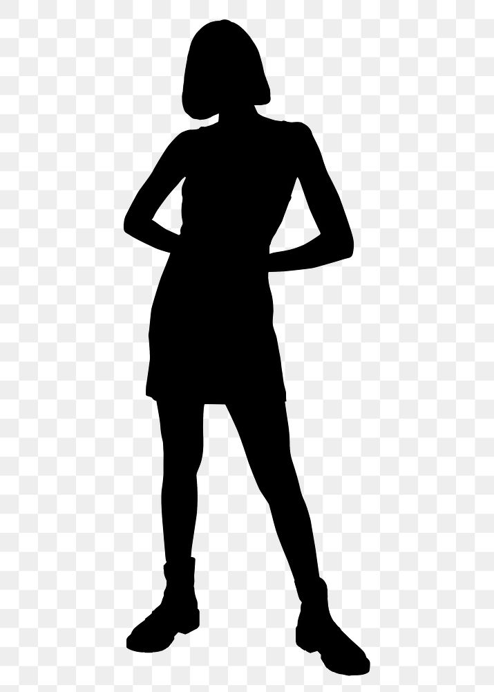 Woman standing png silhouette clipart, full body illustration in black, transparent background