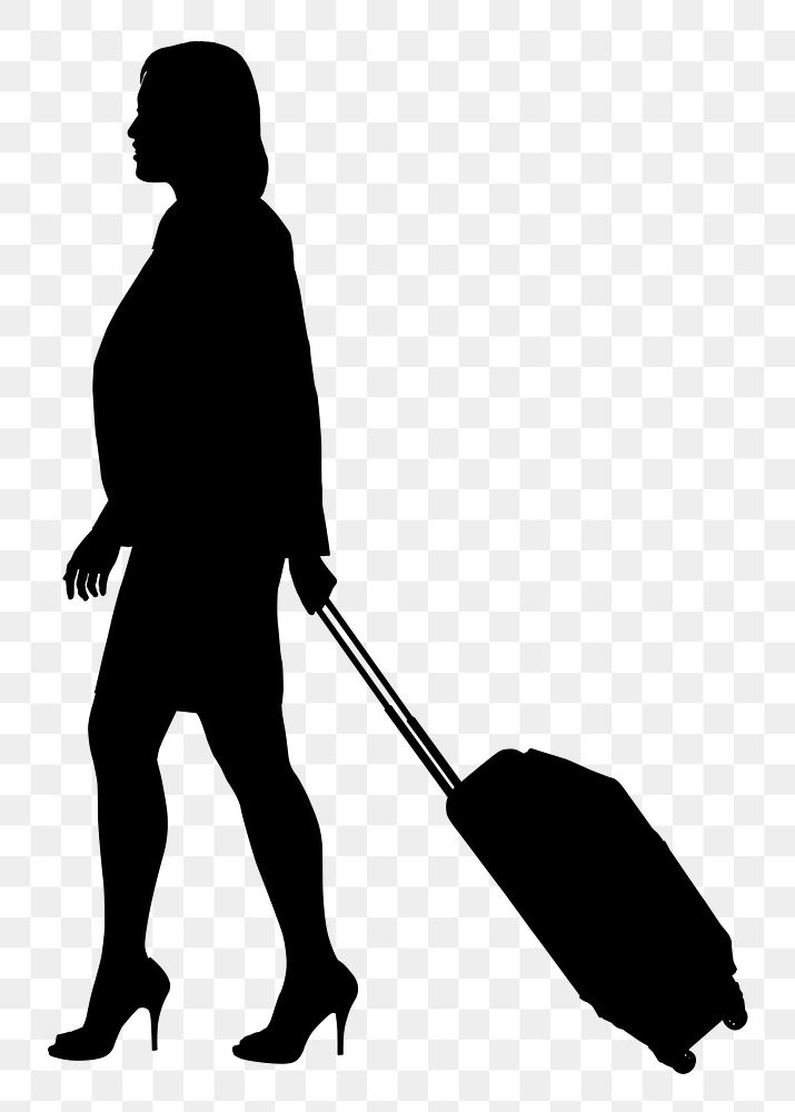 Woman png dragging luggage silhouette, travel concept, transparent background