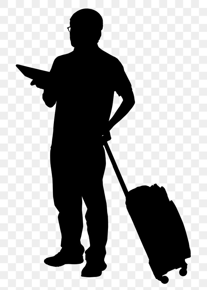 Man png with travel luggage silhouette, full body gesture on transparent background