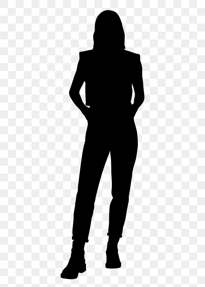Woman standing png silhouette clipart, full body illustration in black, transparent background